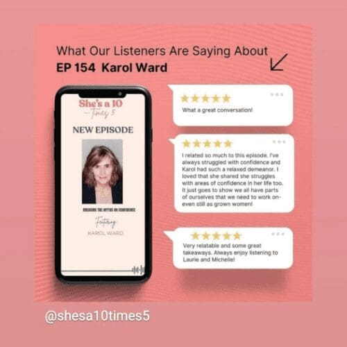 Social media post promoting podcast episode featuring Karol Ward with listener reviews.